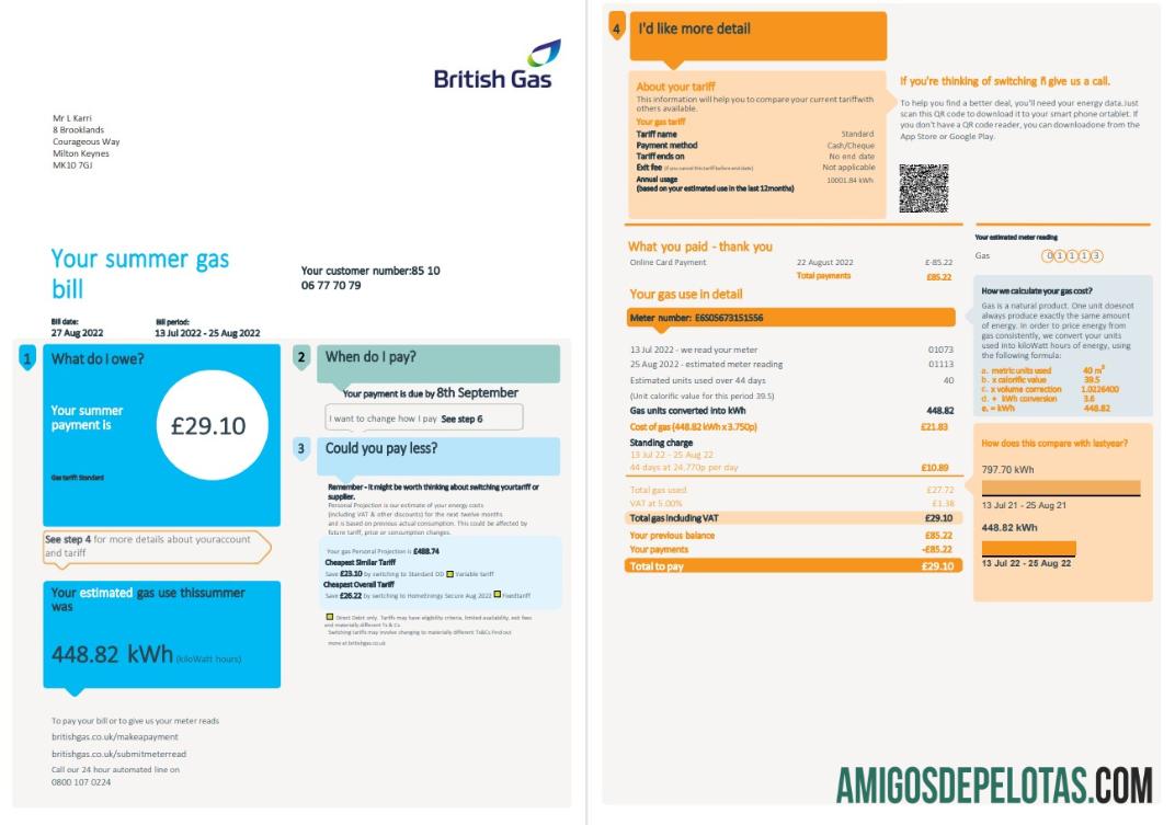 em branco Conta de serviços públicos de gás britânica do Reino Unido, modelo Word e PDF, 4 páginas 1 2